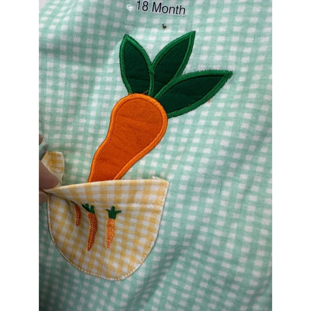 NWT‎ Vintage Y2K Pat the Bunny Romper 18M Green Gingham Bunny Carrot One Piece
